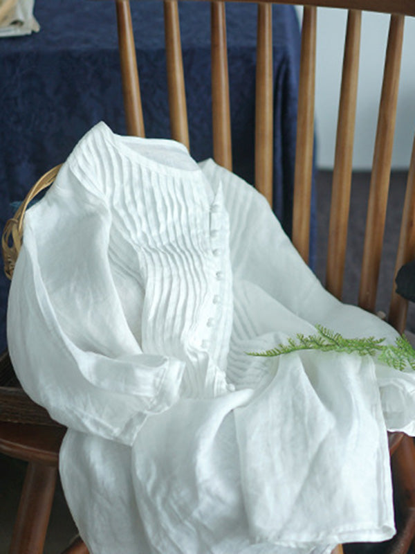 Original Linen Solid Color Pleats T-Shirts Tops