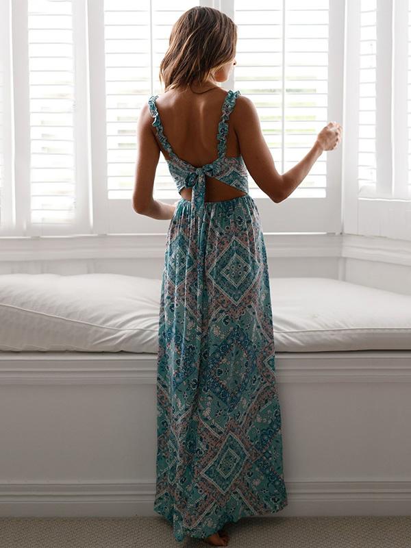 V-neck Hollow Backless Printed Bohemia Maxi Dresses