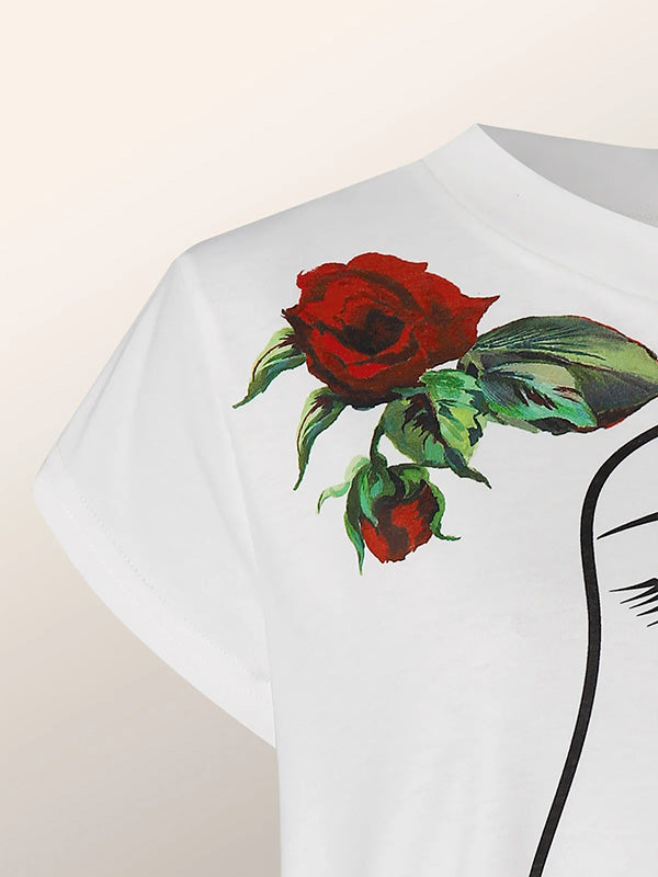 Original One-Shoulder Floral Face Printed T-Shirt Top