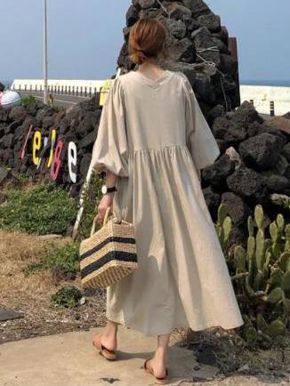 LOOSE ELEGANT PUFF SLEEVES LONG DRESS