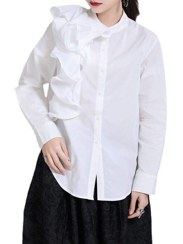 Stylish Falbala Split-Joint Solid Color Buttoned Stand Collar Long Sleeves Blouse