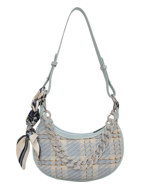 Original Chic Plaid With Chain&Scarf Zipper Canvas Shoulder Bag