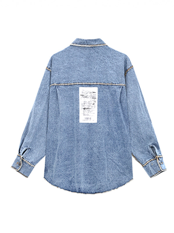 Original Stylish Loose Split-Joint With Pocket Buttoned Applique Lapel Collar Long Sleeves Denim Outwear
