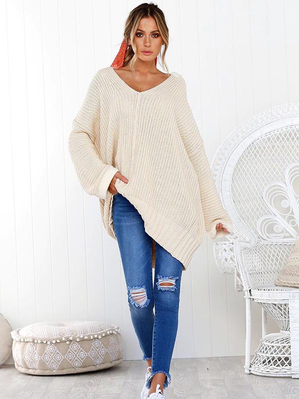 Solid Color V-neck Loose Sweater Tops