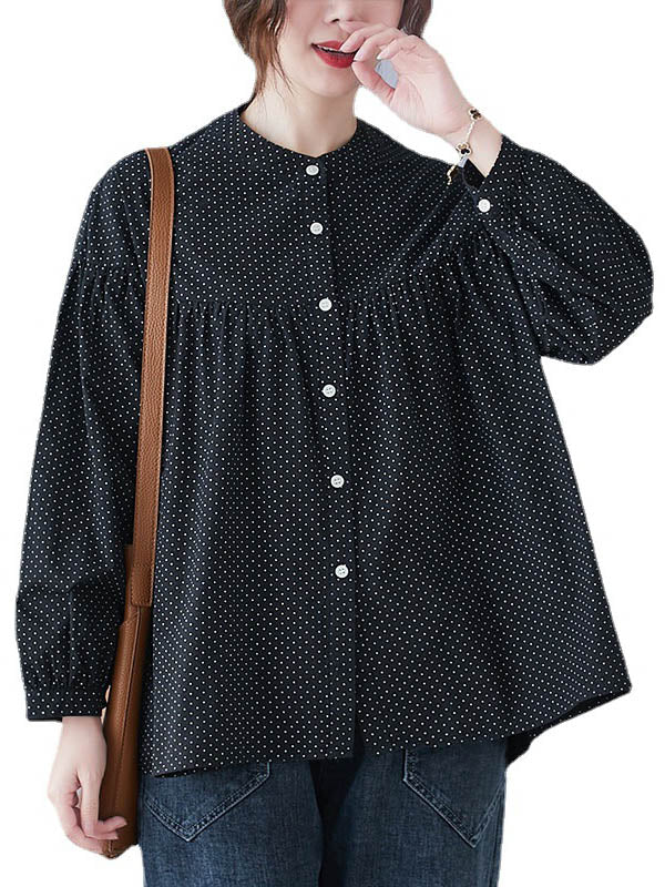 Casual Polka-Dot Buttoned Pleated Lapel Collar Long Sleeves Blouse