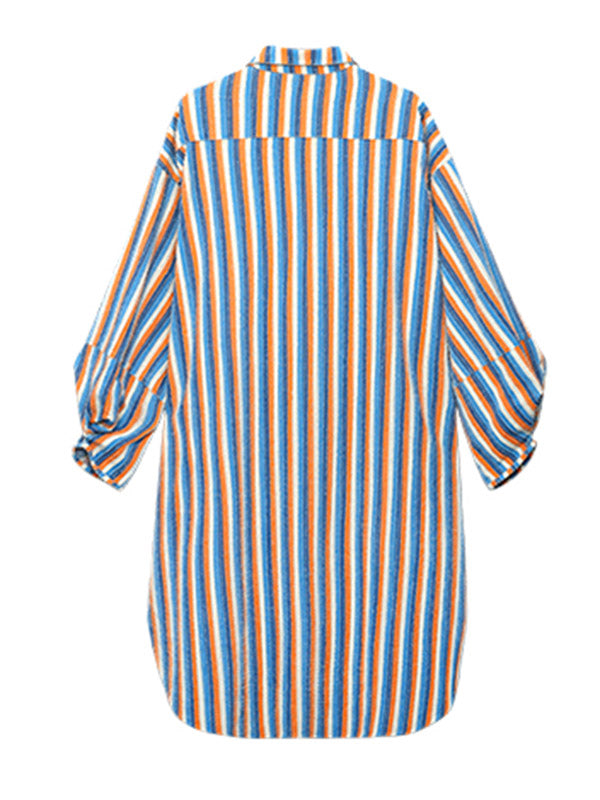 Original Stylish Striped Contrast Color Tied Buttoned Split-Side Lapel Collar Long Sleeves Midi Shirt Dress