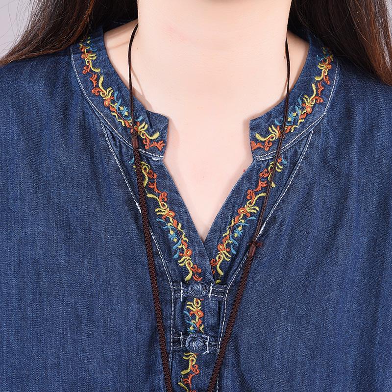 Buykud Solid Color Denim Loose Embroidery V-neck Dress