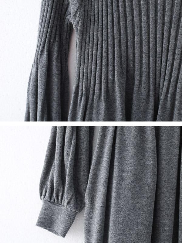 Solid Puff Sleeves Elastic Waist Sweater V-Neck Dress