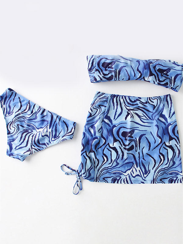 Ripple Printed Padded Bikini Swimwear+Drawstring Cover-Ups Skirt Three-Pieces Set
