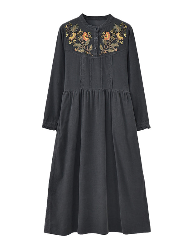 Vintage A-Line Loose Embroidered Stand Collar Midi Dresses