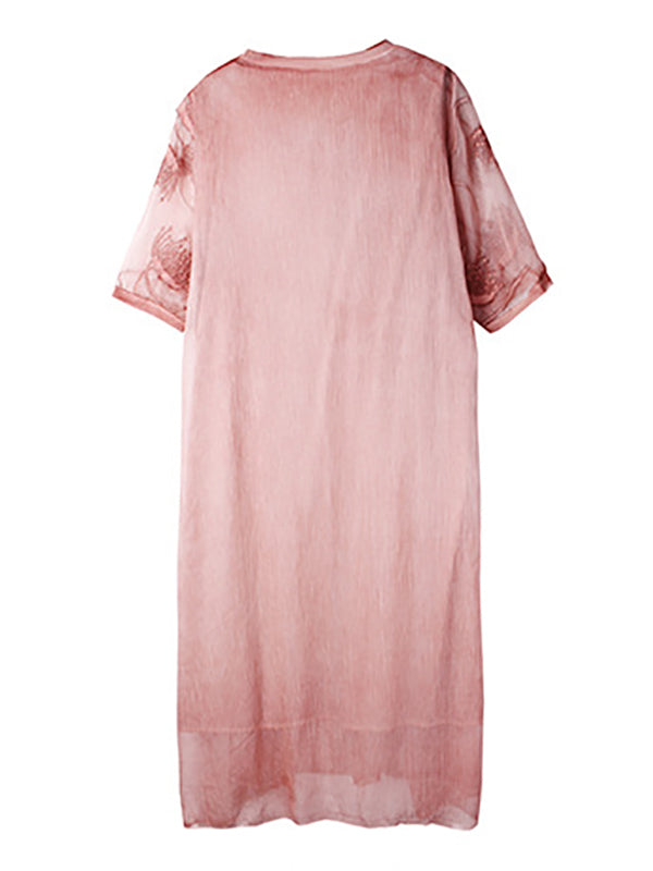 Original Artistic Retro Loose Embroidered Pleated Split-Joint Midi Dress