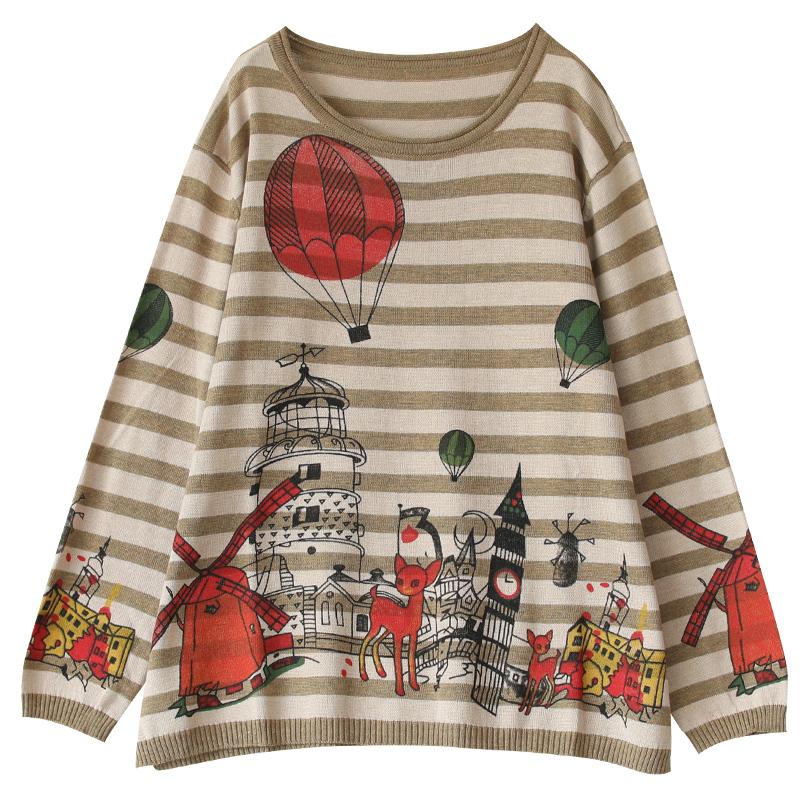 Buykud Stripes Cartoon Pullover Casual Knitted Shirt