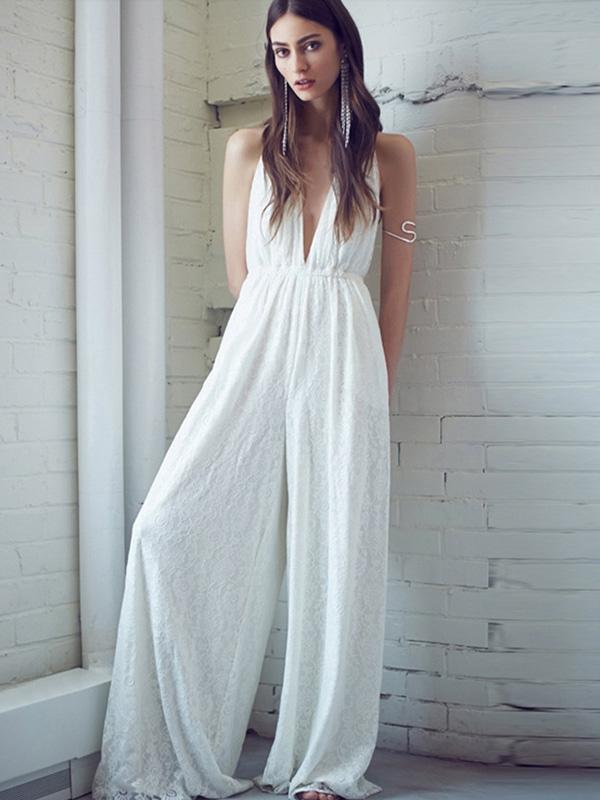 Bohemia Deep Halterneck V-neck Wide Leg Jumpsuits