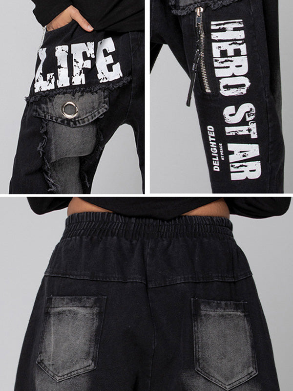 Original Split-Joint Letter Print Harem Pants Jean Pants