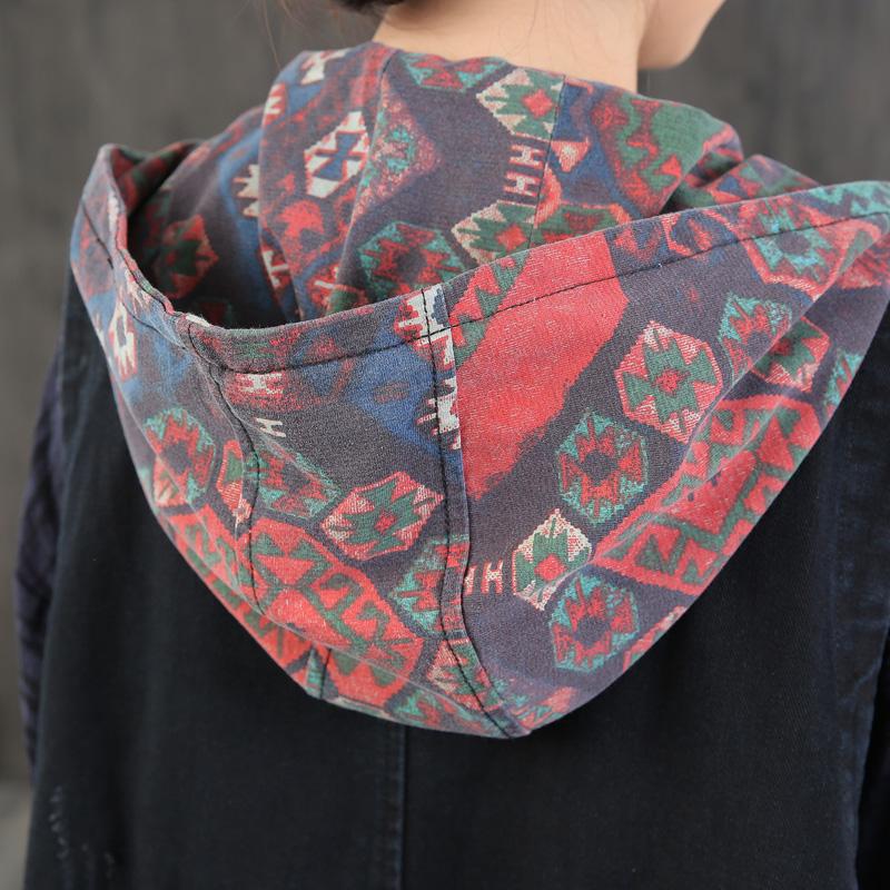 Buykud Patchwork Printed Casual Loose Hooded Coat