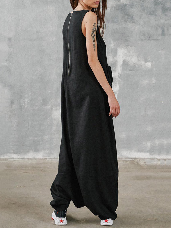 Hip-Hop Stylish Black Sleeveless With Pocket Low Crotch Jumpsuits