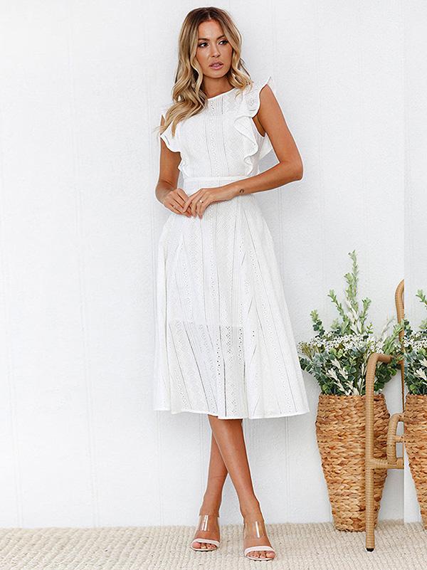 Lace Hollow Fuffled Irregular Midi Dress
