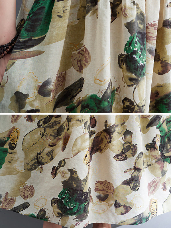 Original Artistic Retro Loose Pleated Floral Printed Midi Dress
