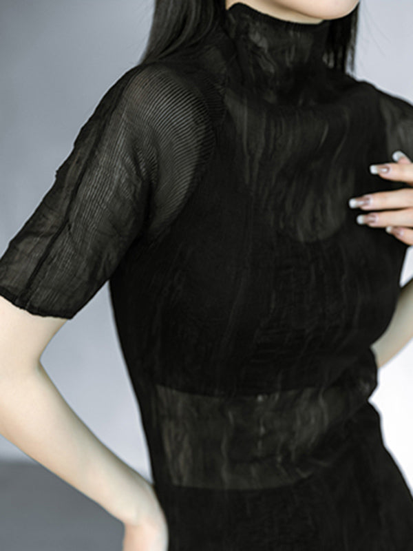 Original Solid Color High-Neck Long Sleeve See-Through T-Shirts Tops