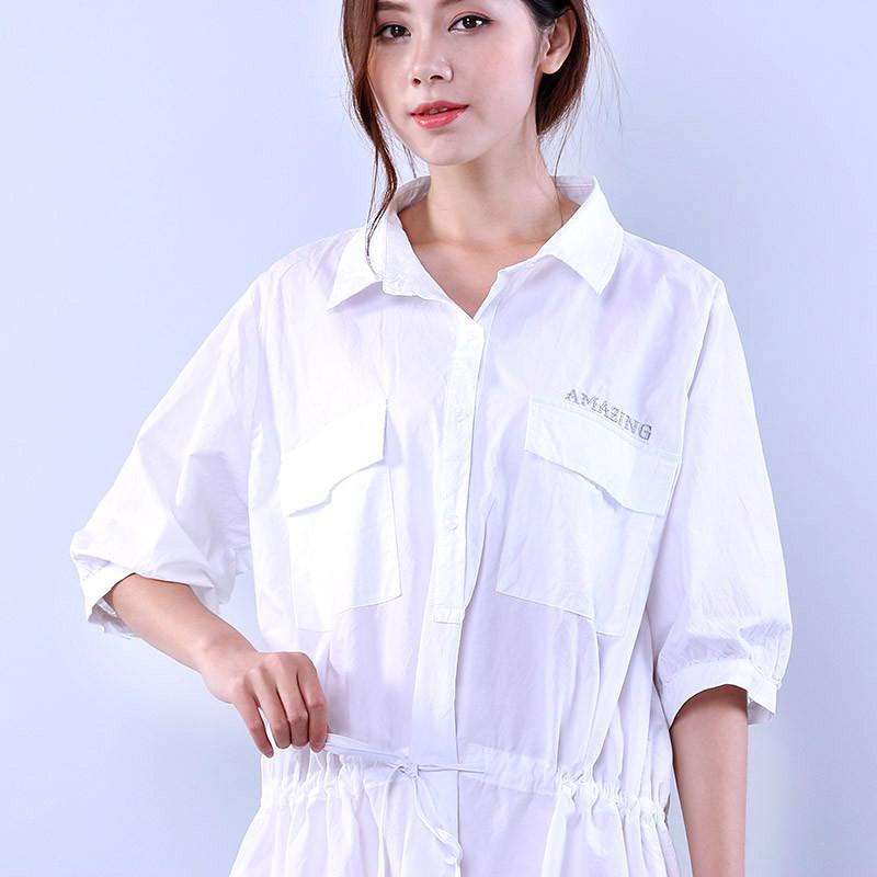 Cotton Loose Pocket Women Lacing White Dress