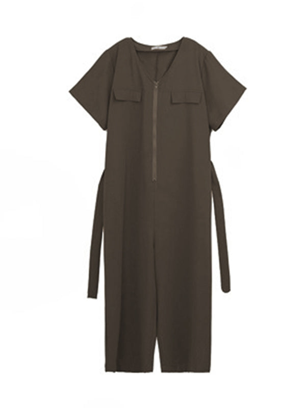 Casual Solid Color Split-Joint With Pocket Tied Zipper Short Sleeves Wide Legs Jumpsuits