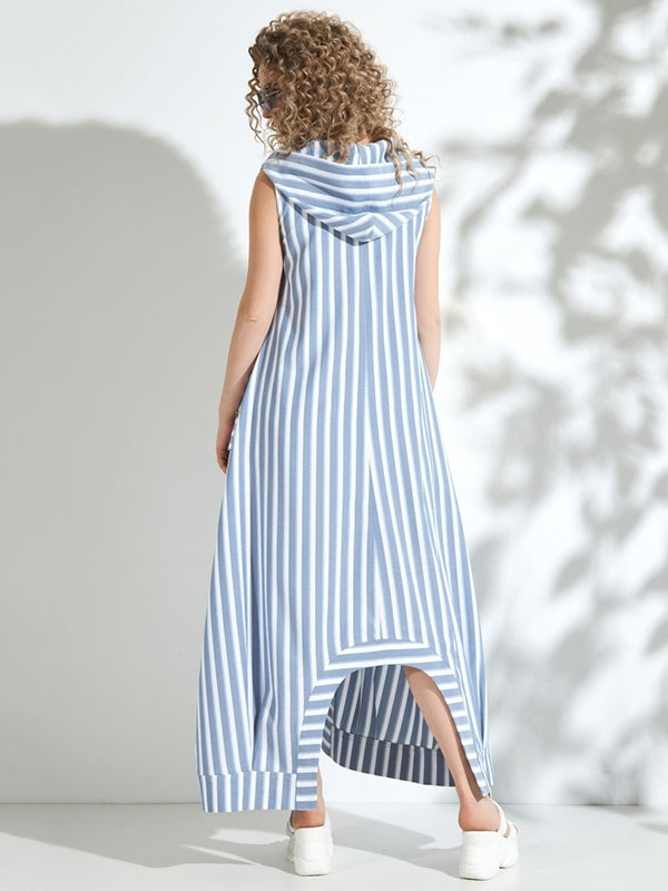 Urban Irregularity Striped Hooded Zipper Sleeveless Maxi Dresses