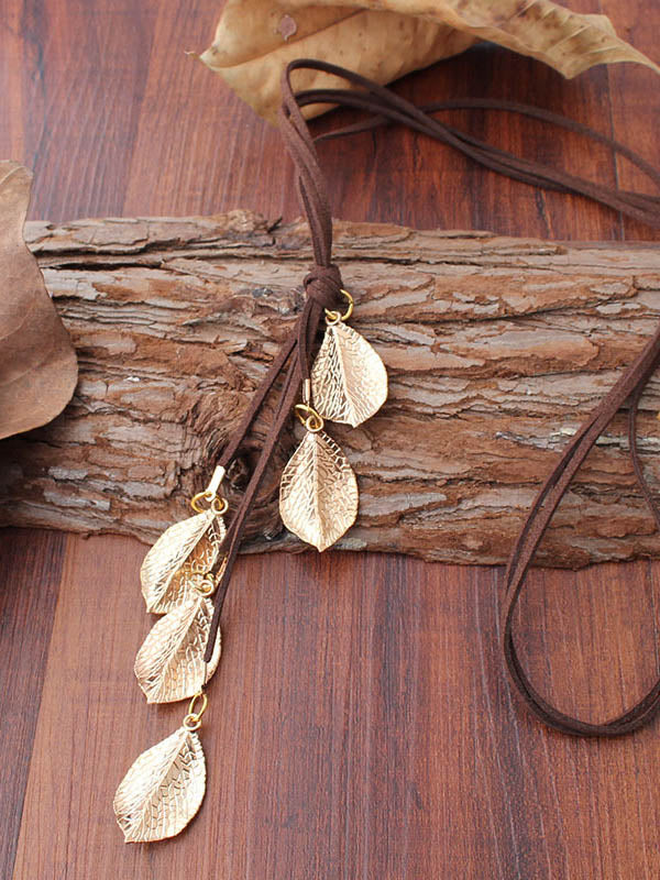 Vintage Alloy Multi-Leaf Velour Leather Rope Necklace