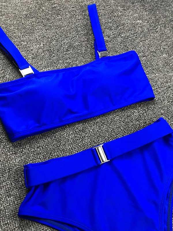 Solid Color Metal Buckle Bikini Swimsuit