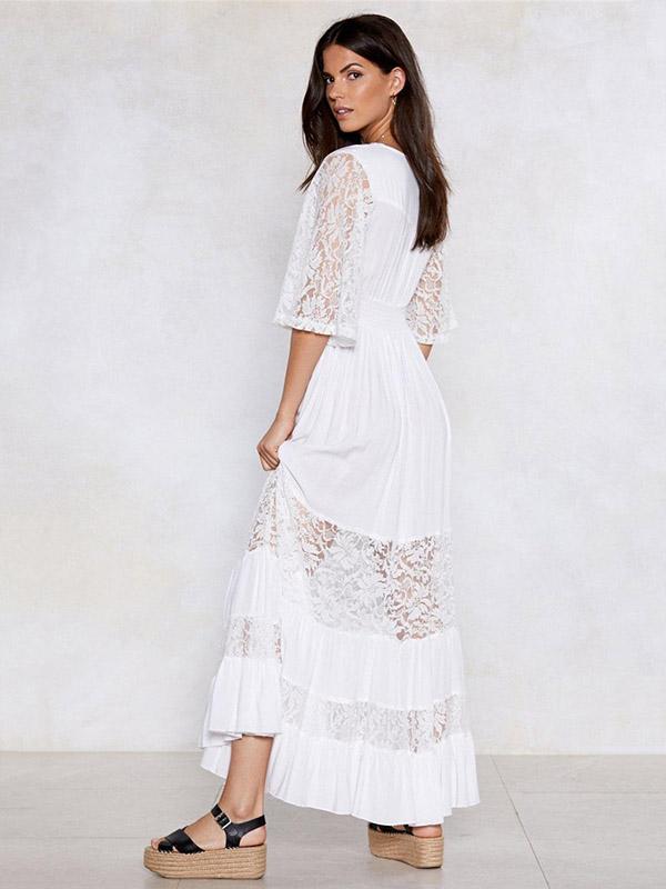 V-neck Lace Elastic Waist Maxi Dress