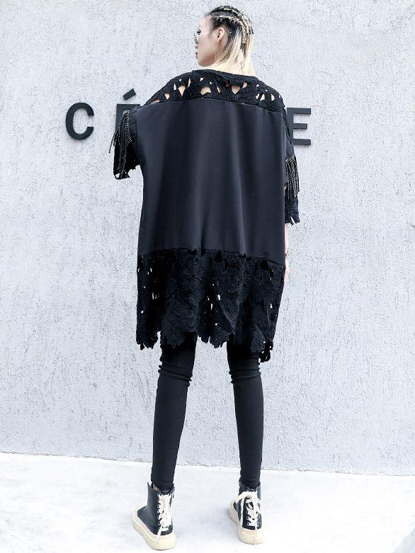 Lace&Tassel Split-joint Long T-shirt