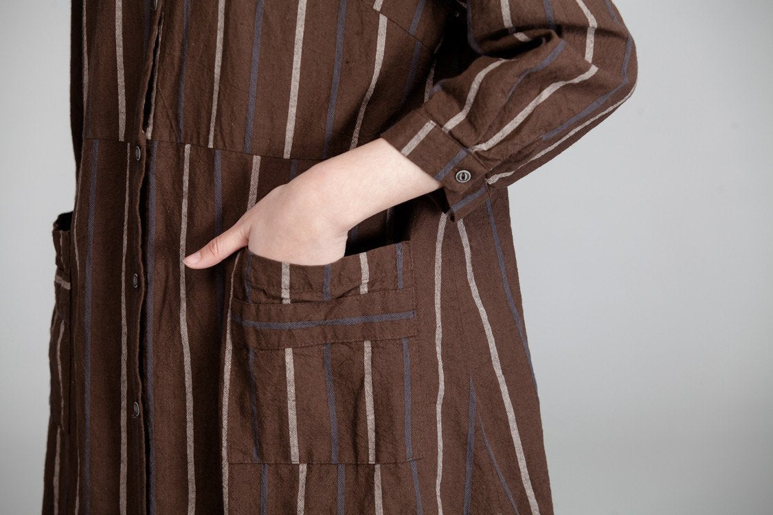 Cotton Women Splicing Casual Linen Loose Stripe Pocket Dress