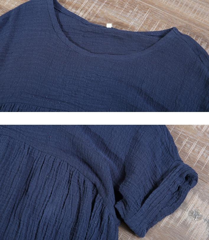 Cotton Linen Loose Dress Short Sleeves
