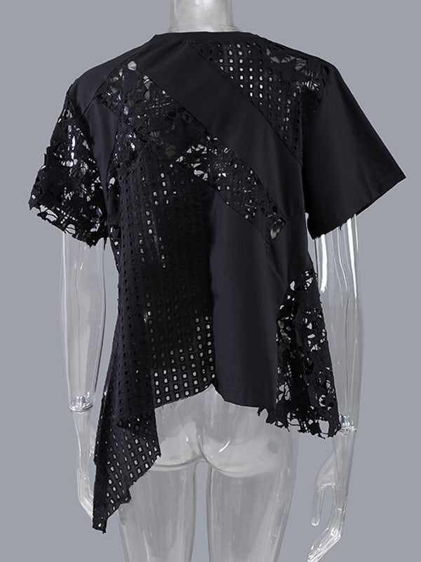 Irregular Hollow Lace Solid Color Round-Neck Short Sleeves T-Shirt Tops