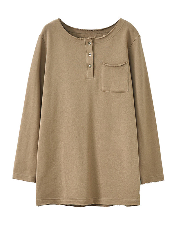 Artistic Retro Long Sleeves Loose Solid Color Round-Neck T-Shirts Tops