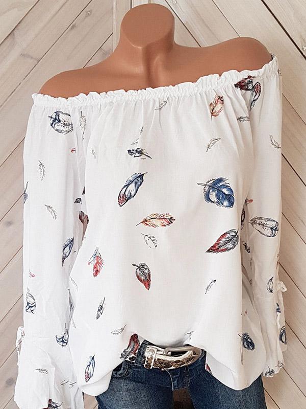 Long Sleeves Off-the-shoulder Flared Sleeves Feather Printed T-shirt