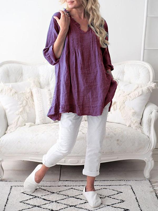 Ruffled V-neck Long Sleeve Blouses&Shirts Top