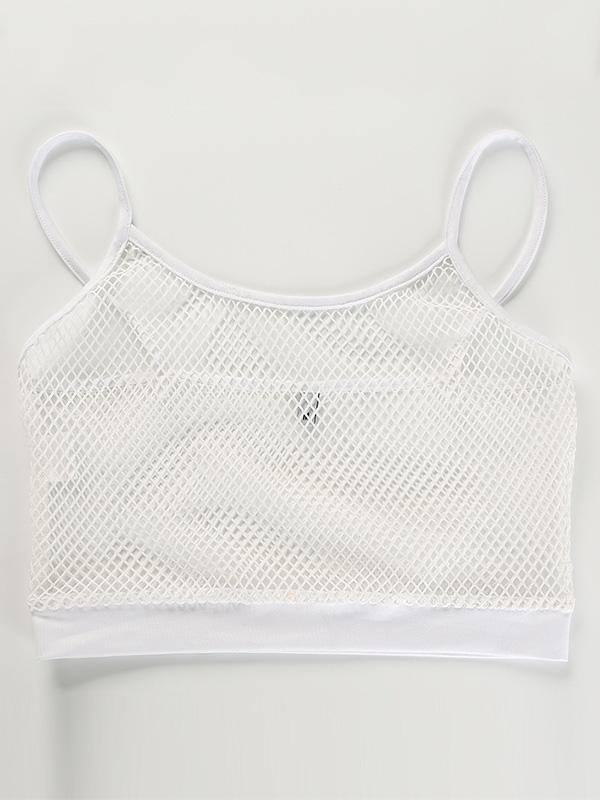 Spaghetti-neck Mesh Crop Hollow Tanks