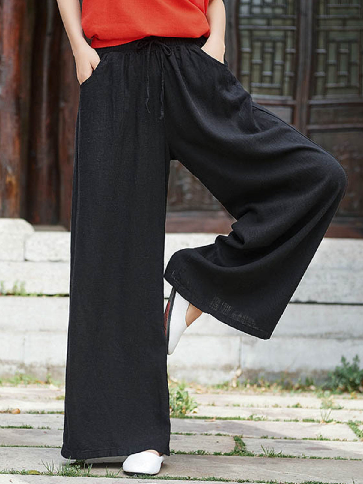 Original Casual Loose Linen Irregular Buttoned V-Neck Long Sleeves T-Shirt Tops&Wide Legs Casual Pants 2 Pieces Set