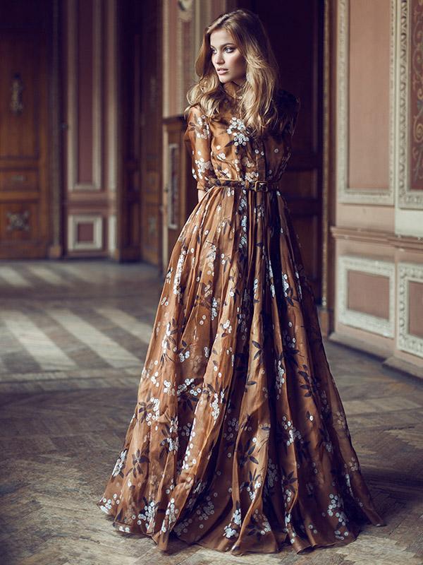 Printed Lapel Collar Belted Maxi Dress