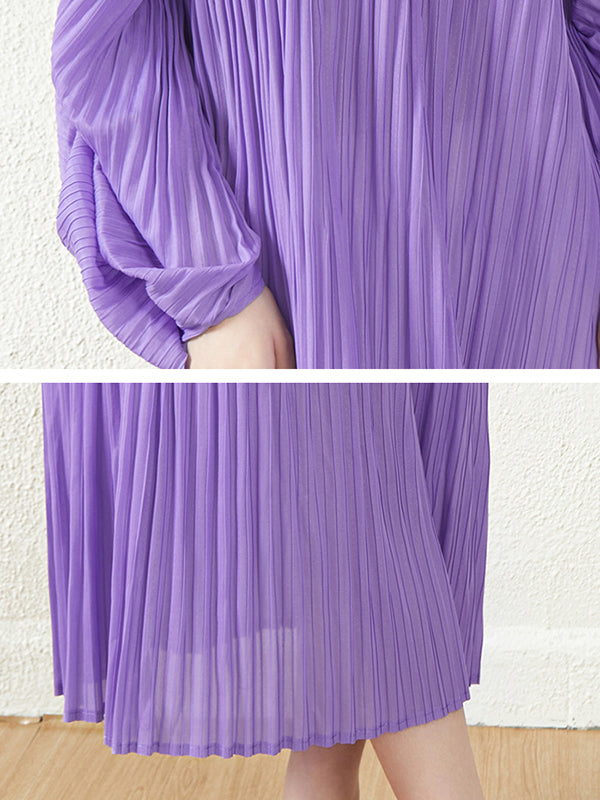 Loose Long Pile Sleeves Pleated Solid Color Round-Neck Midi Dresses