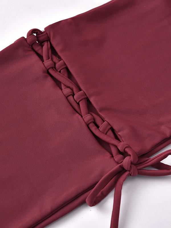 Solid Color Bandage Split Bikini Swimsuit