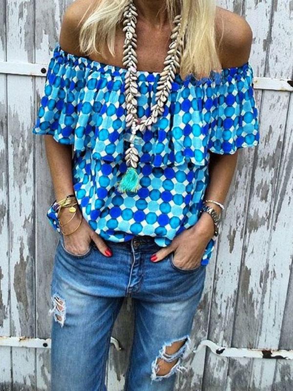 Off-the-shoulder Polka-dot Printed T-shirt