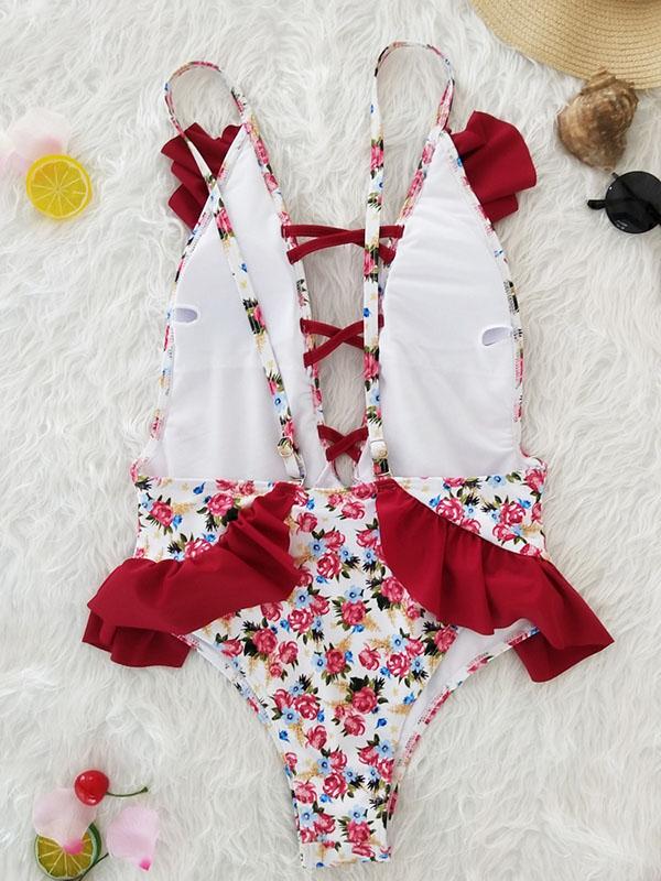 Ruffled Lace Halterneck Bikinis Swimwear