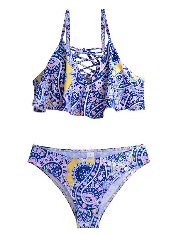 Lattice Blue Printed Ruffled Bikini Set