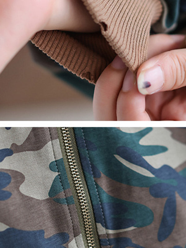 Casual Zipper V-Neck Camouflage Printed Long Sleeves Outerwear