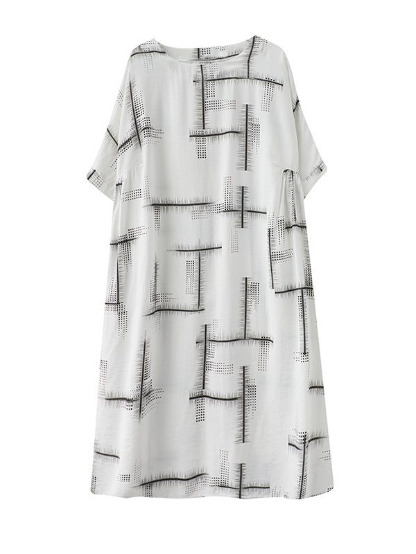 Artistic Retro Loose Striped Printed Contrast Color Midi Dress