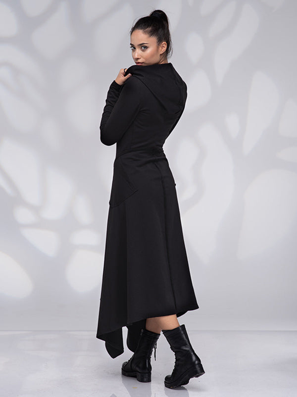 Original Solid Color Zipper Hooded Long Sleeves Midi Dress