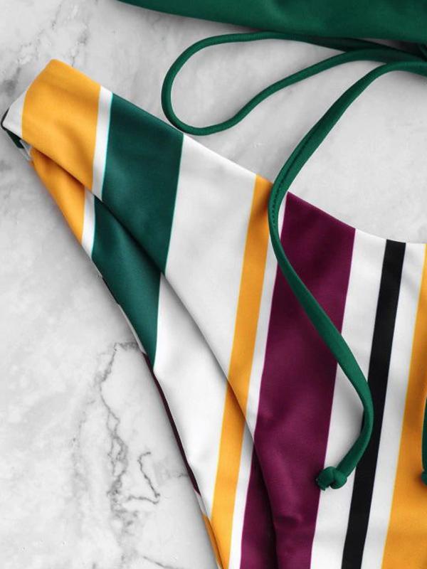 Striped Bandage Backless Split Bikini Swimsuit