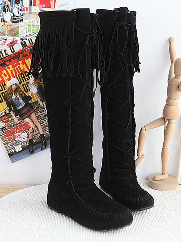 National Style Tasseled Bandage Low-heel Boots Shoes
