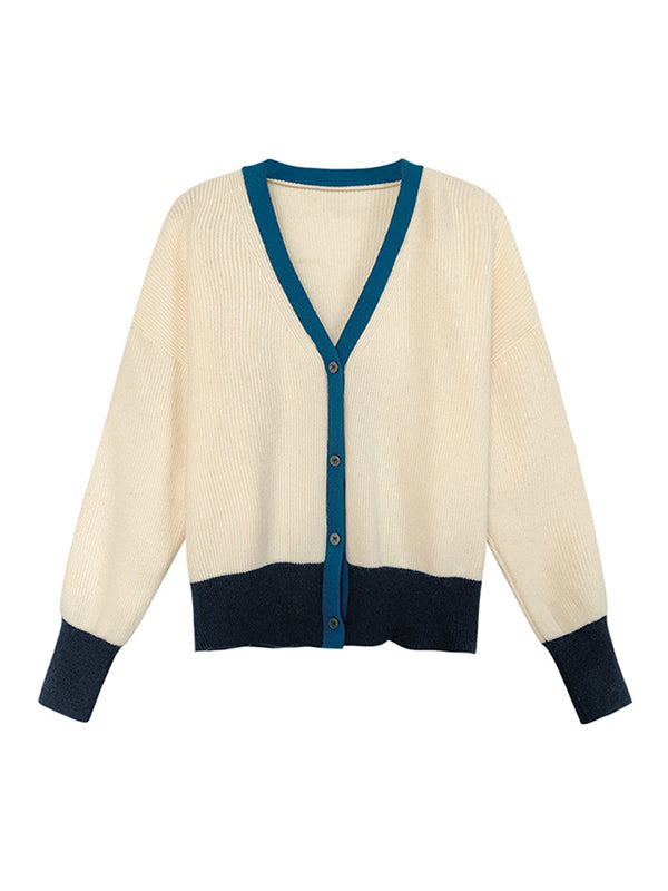Causal Contrast Color Buttoned V-Neck Long Sleeves Cardigan Outwear